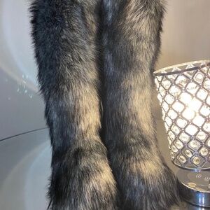 Grey Custom faux Fur Knee 19.5 inch tall Boots sizes